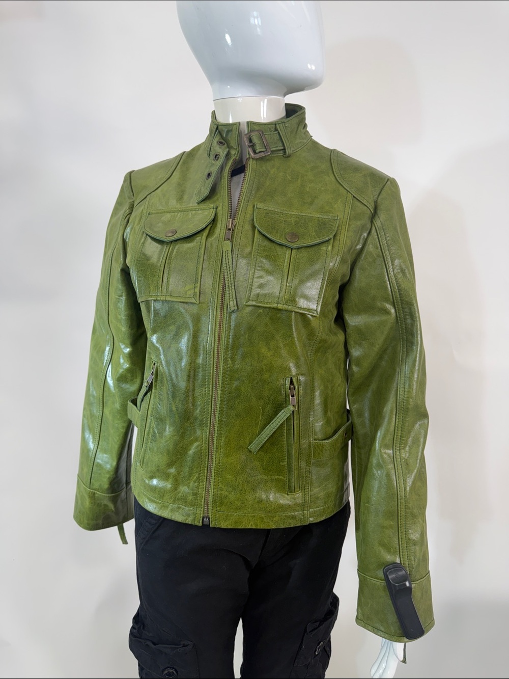 Womens  Green Leather Bomber Jacket with Stand Collar